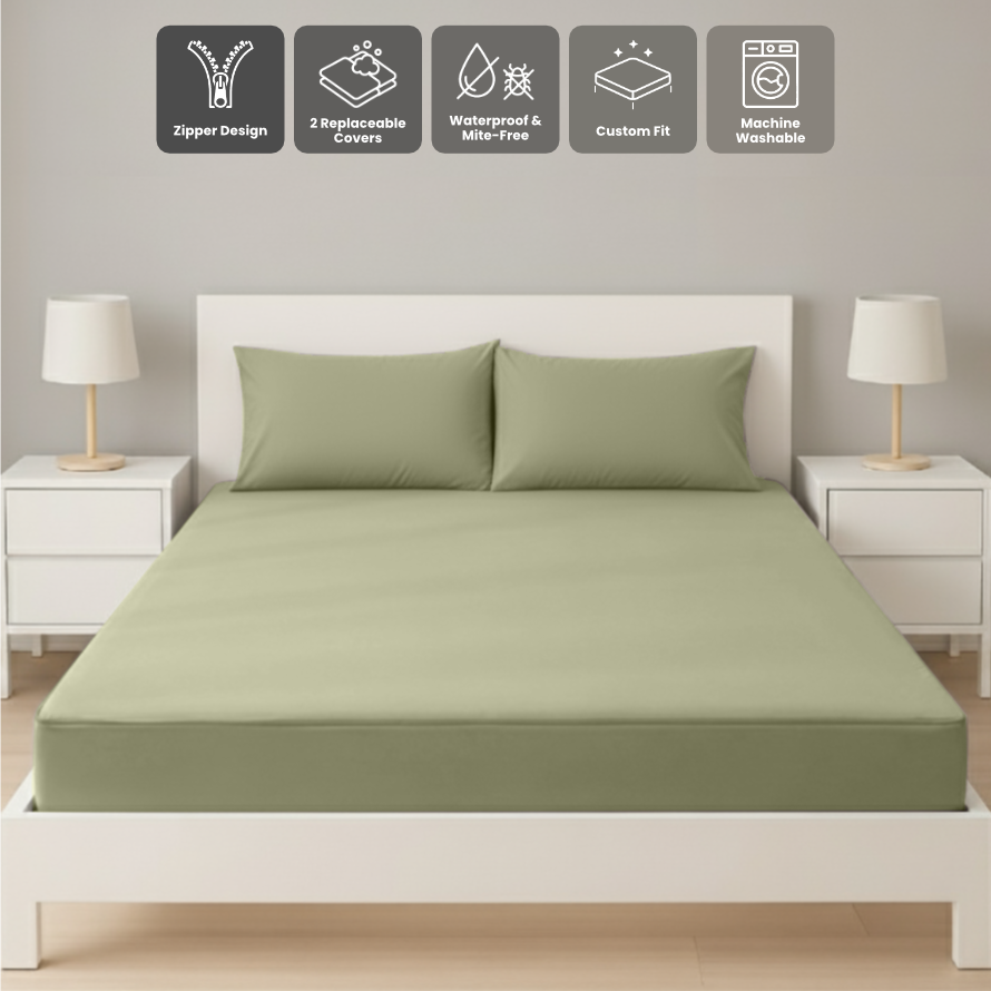 雙人橄欖綠色拉鍊床套正面照 Zipbedz double zipper bedding in olive green, front view