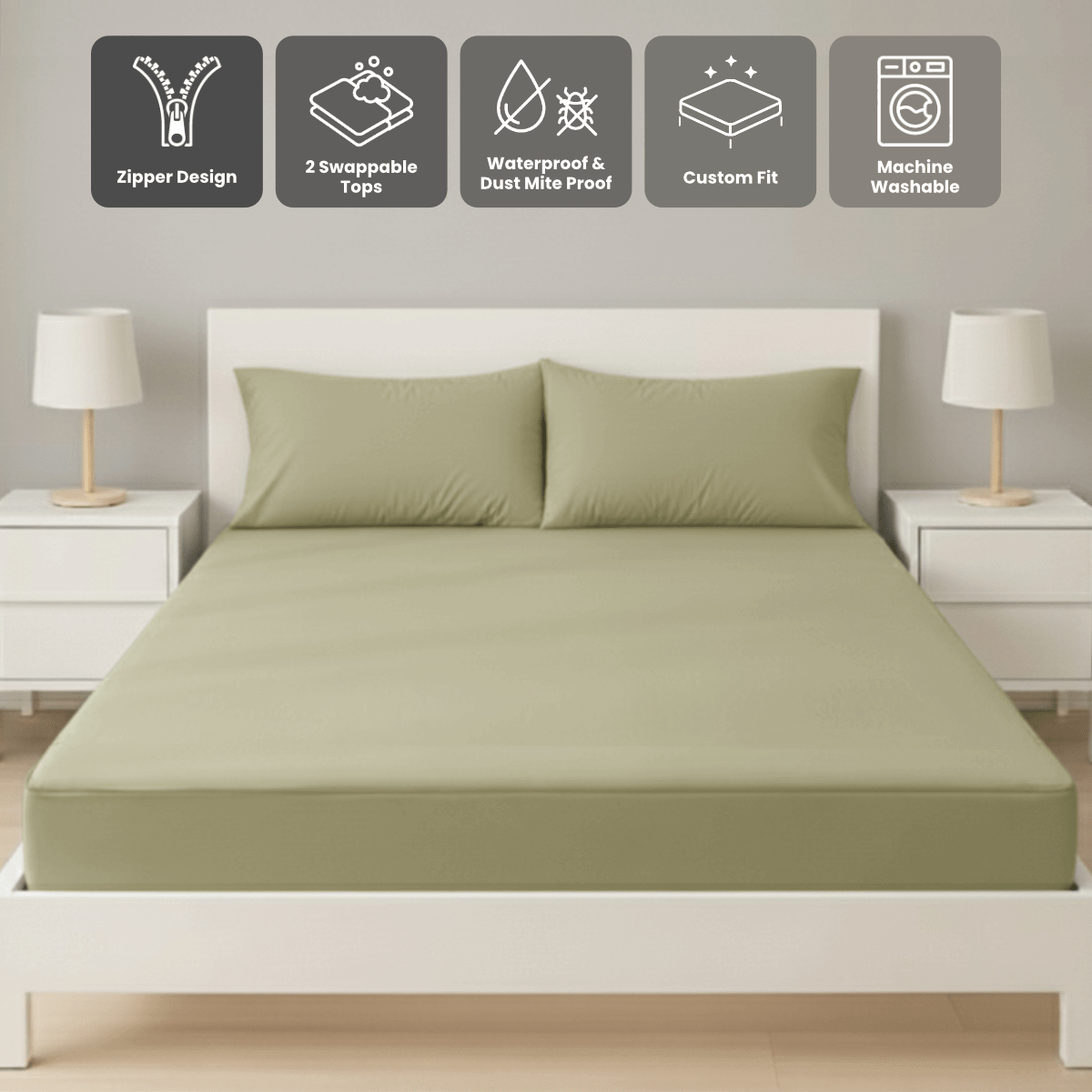 雙人橄欖綠色 Zipbedz 拉鍊床笠正面照 Zipbedz double swappable zipper fitted sheet in olive green, front view