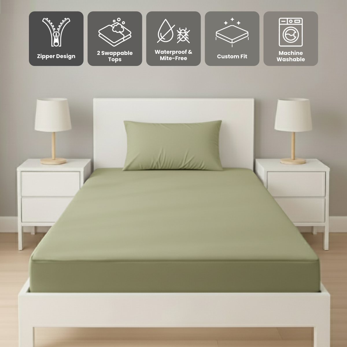 單人橄欖綠色 Zipbedz 床套正面照 Zipbedz double zipper bedding in olive green, front view