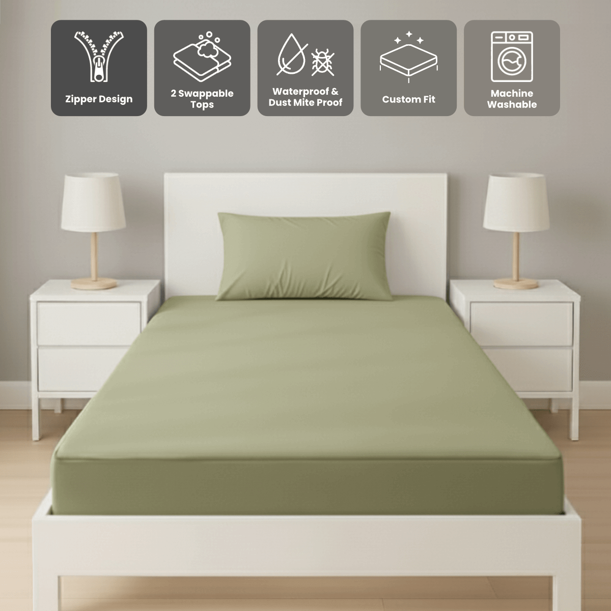 單人橄欖綠色 Zipbedz 拉鍊床笠正面照 Zipbedz double swappable zipper fitted sheet in olive green, front view