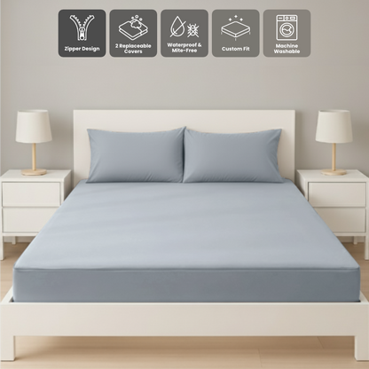 雙人粉藍色拉鍊床套正面照 Zipbedz double zipper bedding in light blue, front view