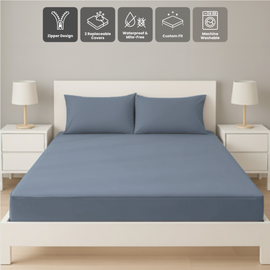 雙人深藍色拉鍊床套正面照 Zipbedz double zipper bedding in dark blue, front view