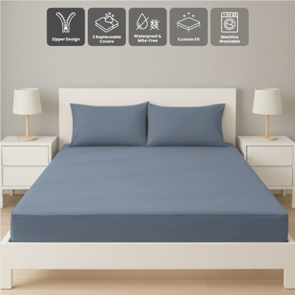 雙人深藍色拉鍊床套正面照 Zipbedz double zipper bedding in dark blue, front view