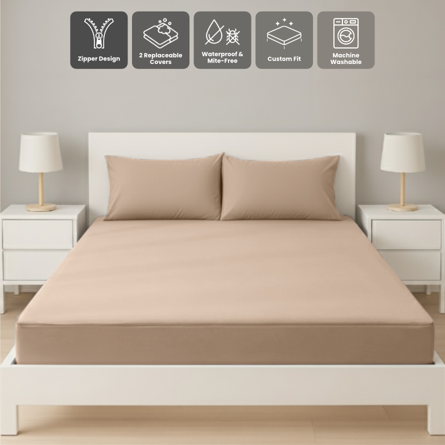 雙人卡其色拉鍊床套正面照 Zipbedz double zipper bedding in khaki, front view