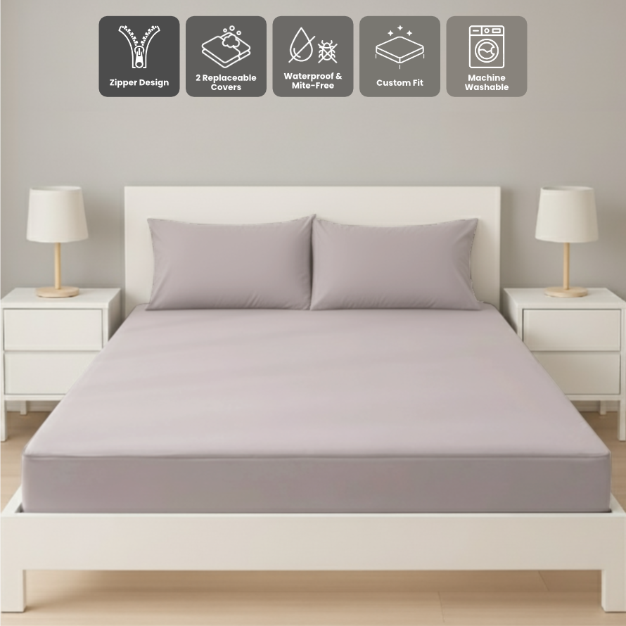 雙人淺灰色拉鍊床套正面照 Zipbedz double zipper bedding in light gray, front view