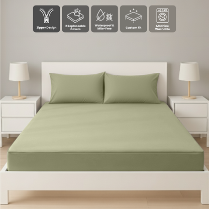 雙人橄欖綠色拉鍊床套正面照 Zipbedz double zipper bedding in olive green, front view