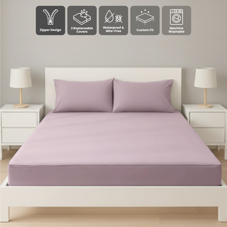 雙人粉紫色拉鍊床套正面照 Zipbedz double zipper bedding in purple, front view