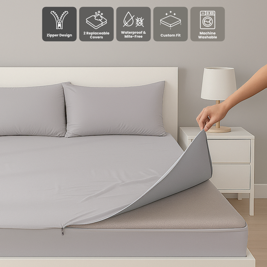 Zipbedz 拉鍊床套正面照：換床單，拉鍊一拉搞定！防水防塵蟎，量身訂製 Zipbedz zipper bedding hero image – Zip, Swap, Done! Waterproof, dust mite proof, custom fit