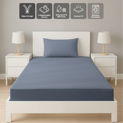 單人深藍色拉鍊床套正面照 Zipbedz double zipper bedding in dark blue, front view