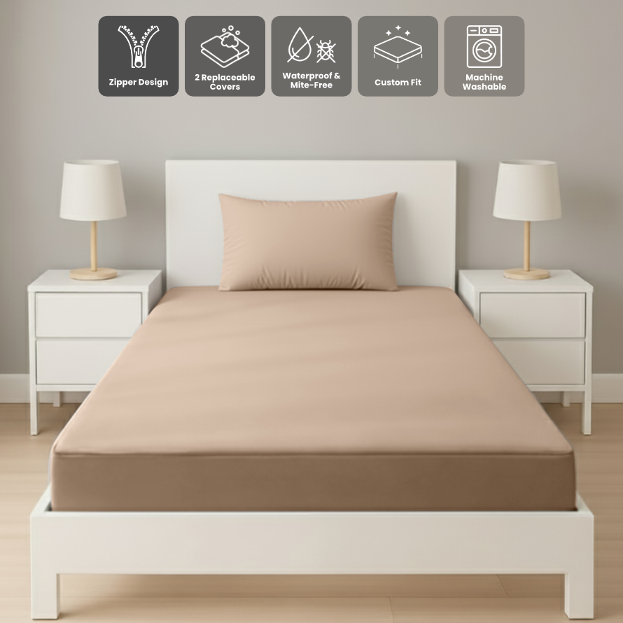 單人卡其色拉鍊床套正面照 Zipbedz double zipper bedding in khaki, front view