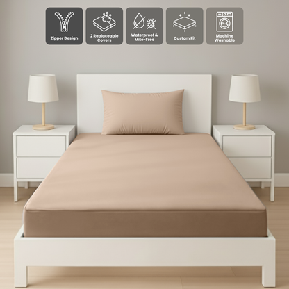 單人卡其色拉鍊床套正面照 Zipbedz double zipper bedding in khaki, front view