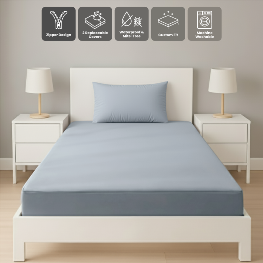 單人粉藍色拉鍊床套正面照 Zipbedz double zipper bedding in light blue, front view