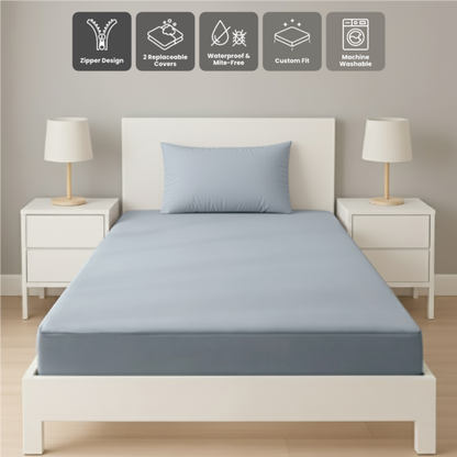 單人粉藍色拉鍊床套正面照 Zipbedz double zipper bedding in light blue, front view