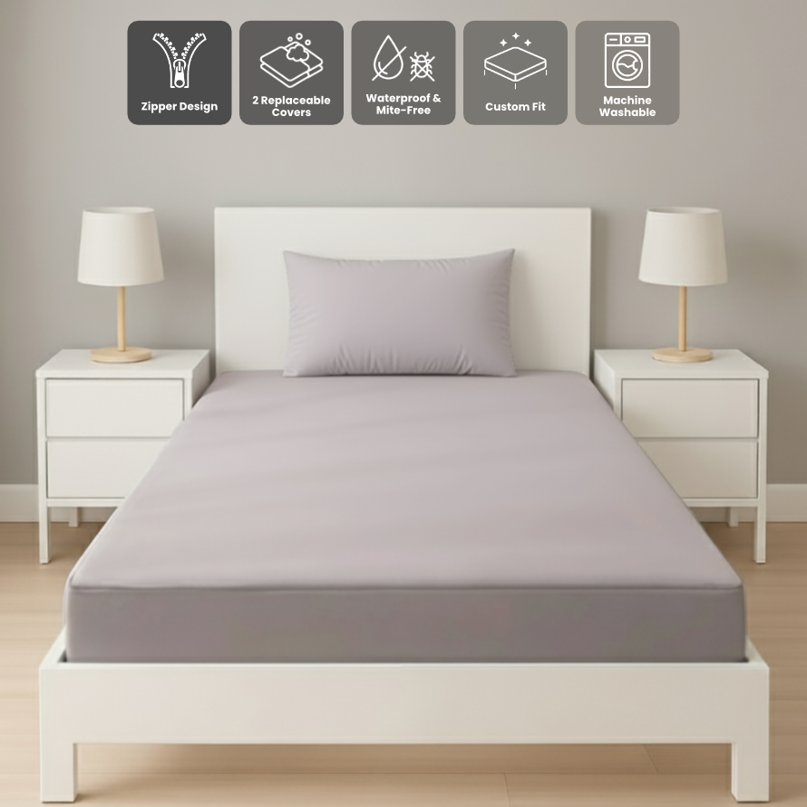 單人淺灰色拉鍊床套正面照 Zipbedz double zipper bedding in light gray, front view