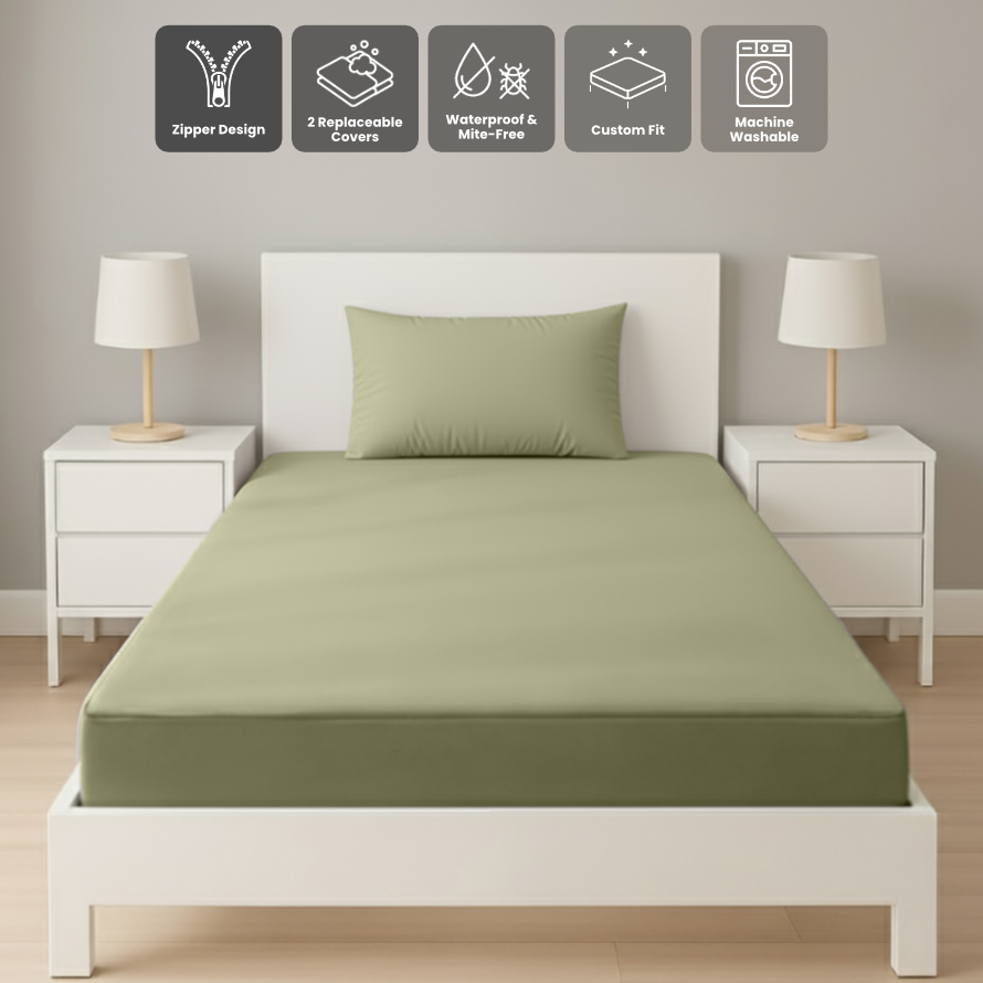 單人橄欖綠色拉鍊床套正面照 Zipbedz double zipper bedding in olive green, front view