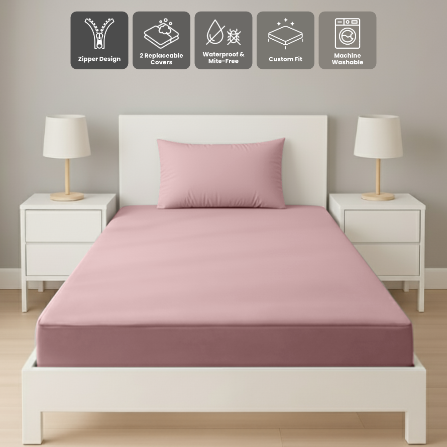 單人粉紅色拉鍊床套正面照 Zipbedz double zipper bedding in pink, front view