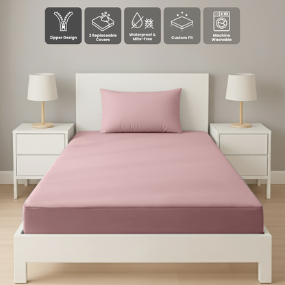 單人粉紅色拉鍊床套正面照 Zipbedz double zipper bedding in pink, front view