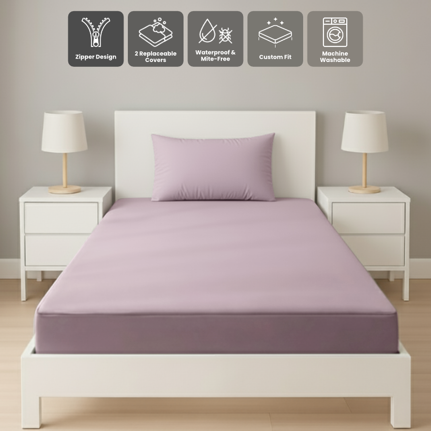 單人粉紫色拉鍊床套正面照 Zipbedz double zipper bedding in purple, front view