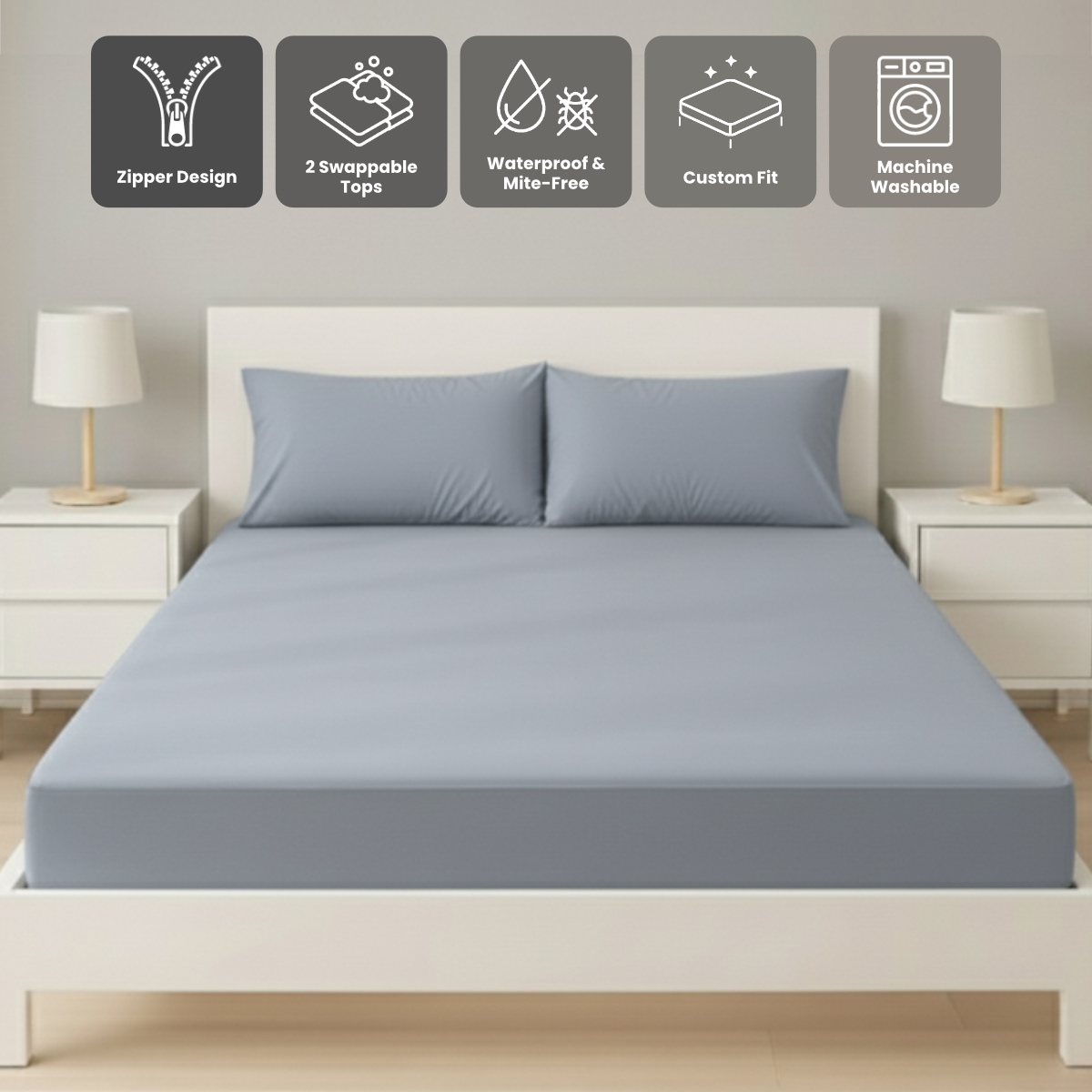 雙人粉藍色 Zipbedz 床套正面照 Zipbedz double zipper bedding in light blue, front view