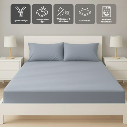 雙人粉藍色 Zipbedz 床套正面照 Zipbedz double zipper bedding in light blue, front view