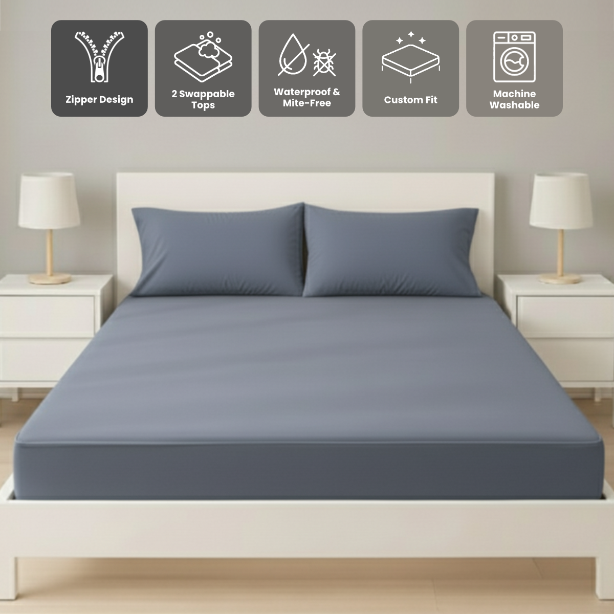 雙人深藍色 Zipbedz 床套正面照 Zipbedz double zipper bedding in dark blue, front view