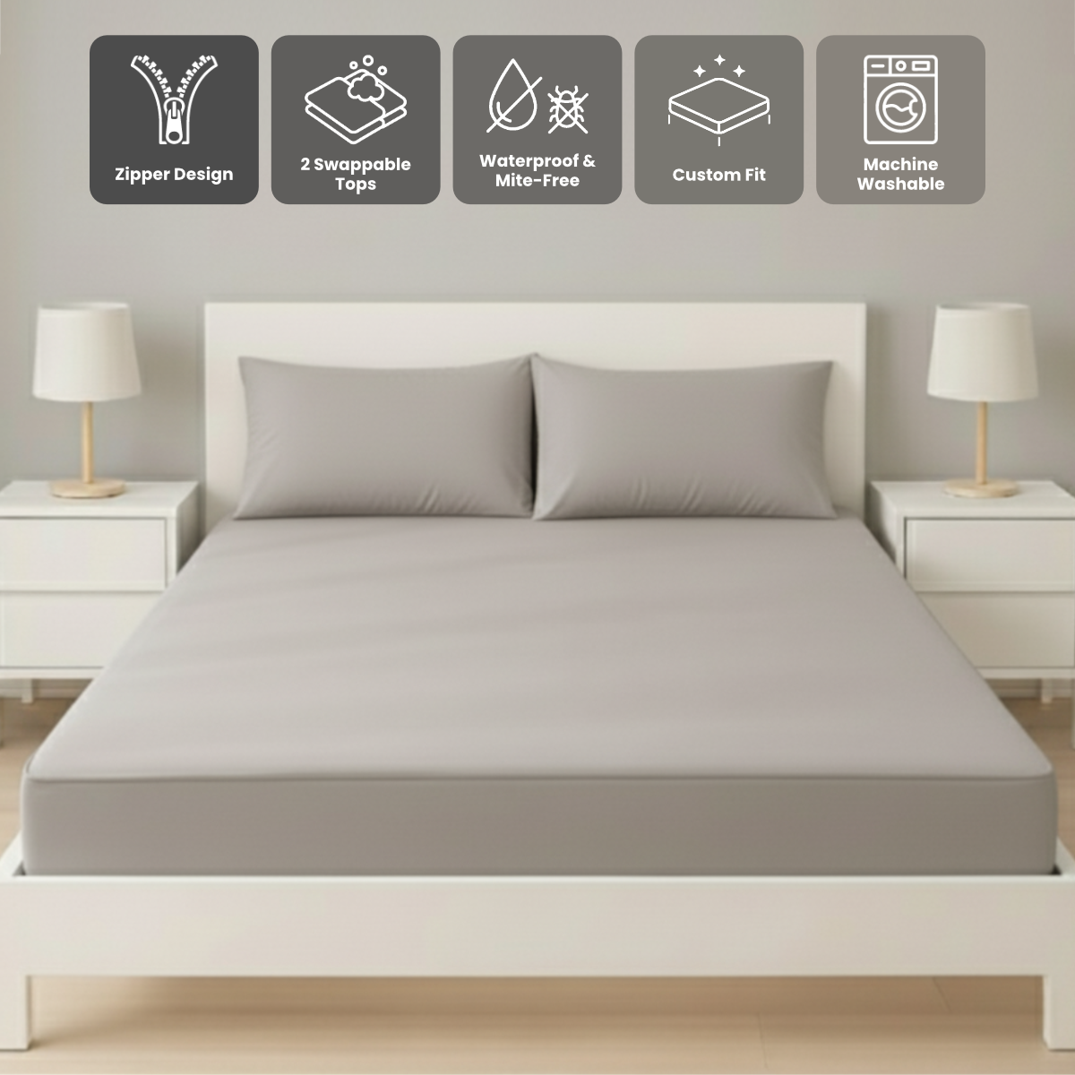 雙人淺灰色 Zipbedz 床套正面照 Zipbedz double zipper bedding in light gray, front view