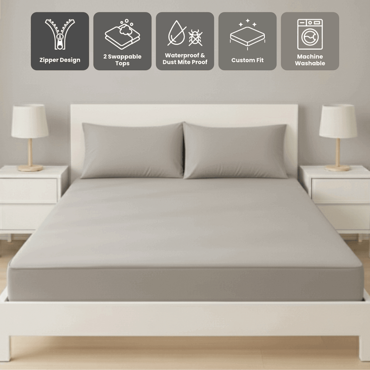 雙人淺灰色 Zipbedz 拉鍊床笠正面照 Zipbedz double swappable zipper fitted sheet in light gray, front view