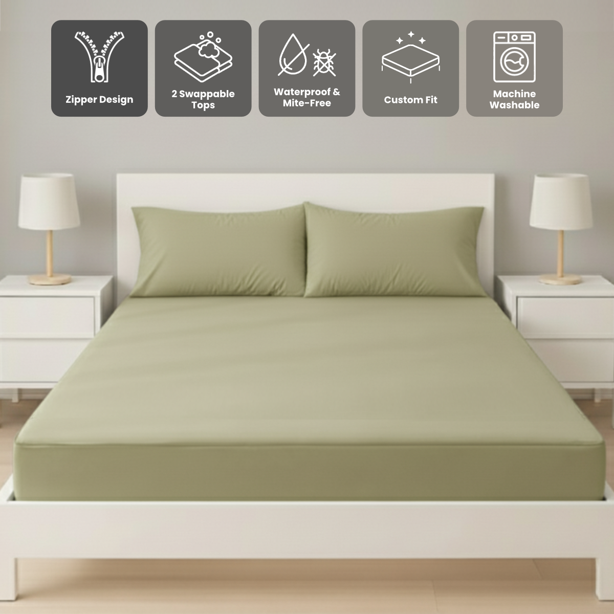 雙人橄欖綠色 Zipbedz 床套床套正面照 Zipbedz double zipper bedding in olive green, front view