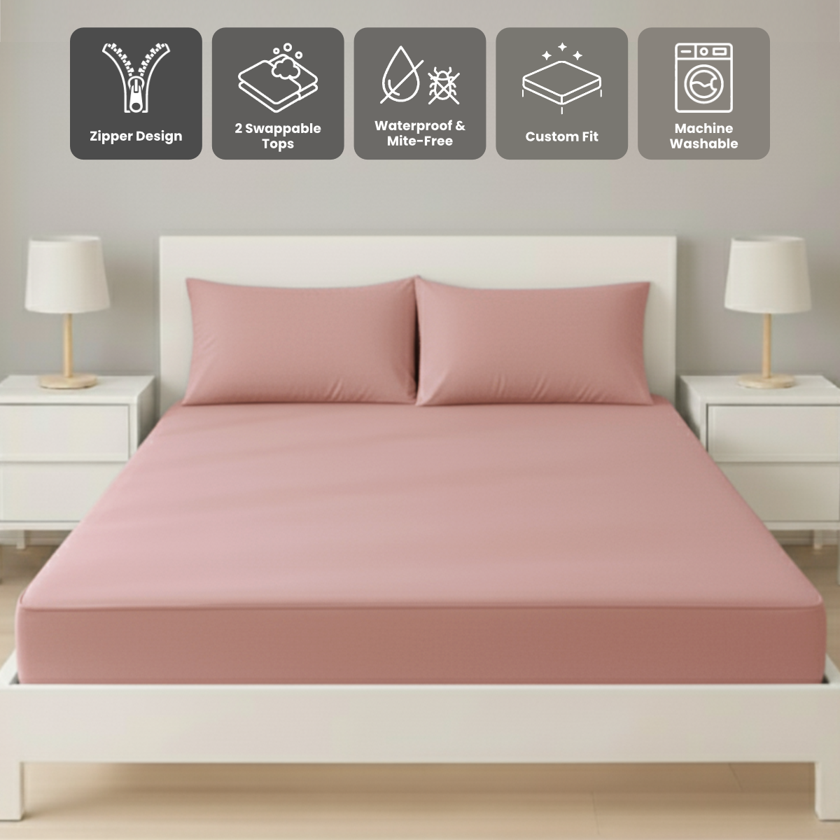 雙人粉紅色 Zipbedz 床套正面照 Zipbedz double zipper bedding in pink, front view