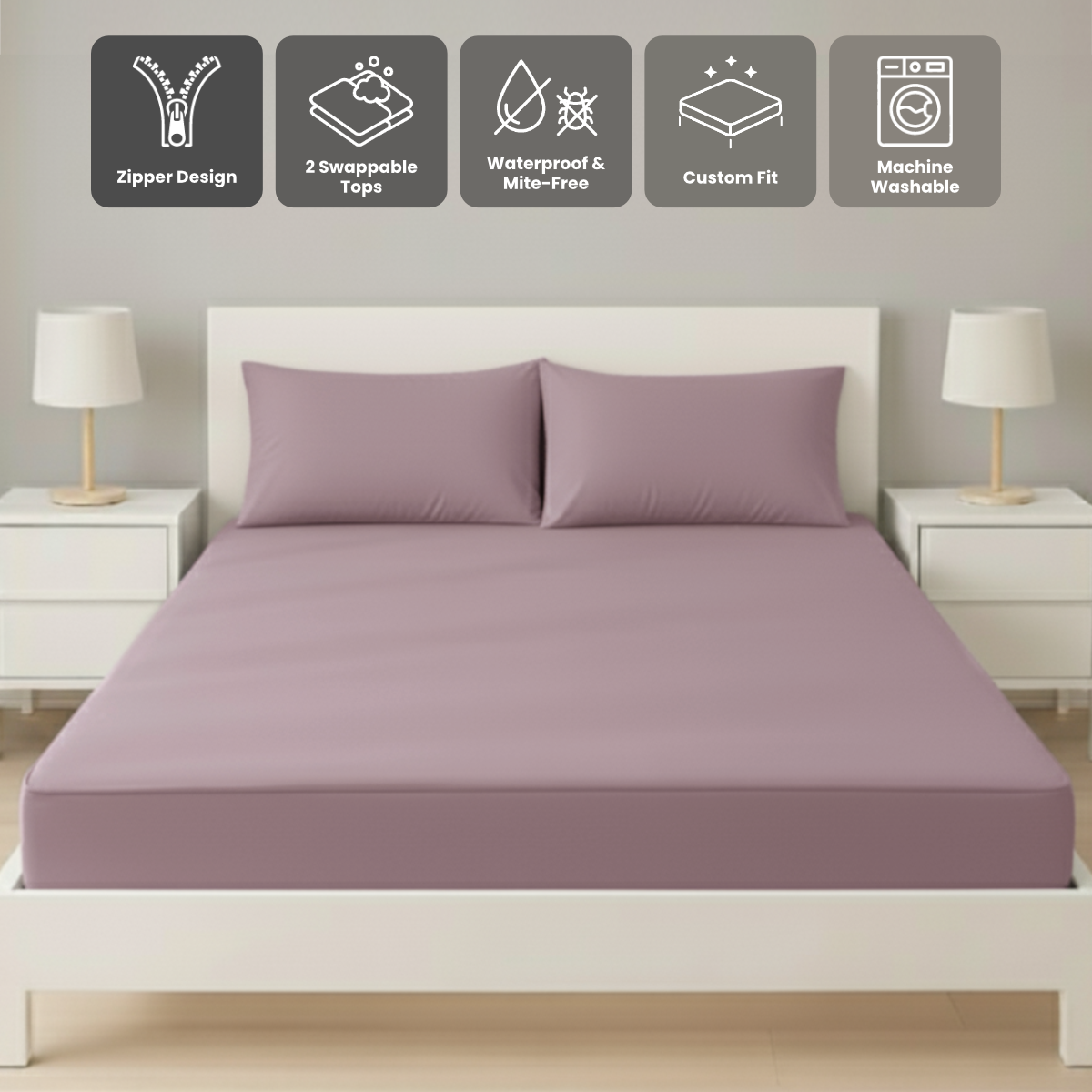 雙人粉紫色 Zipbedz 床套正面照 Zipbedz double zipper bedding in purple, front view