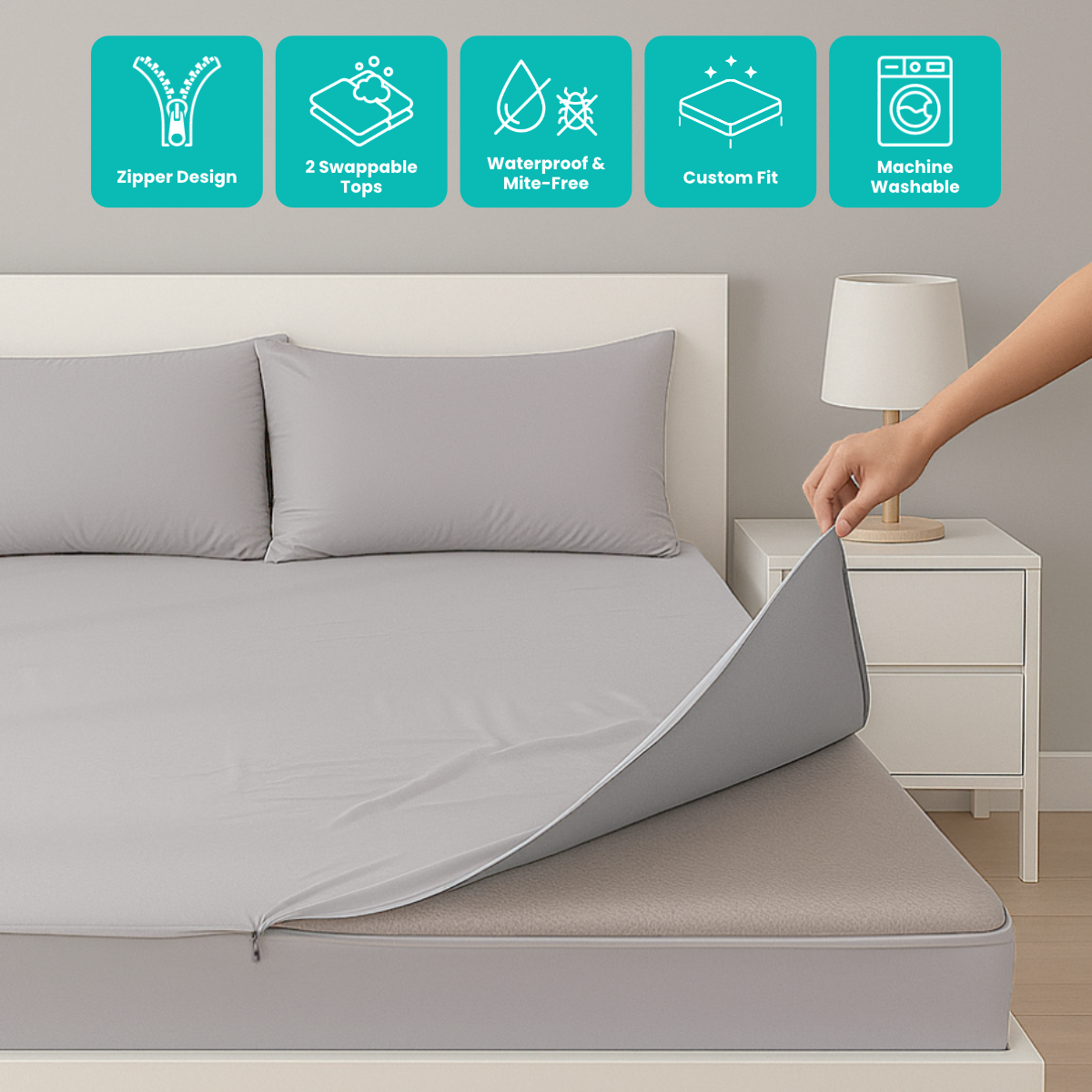 Zipbedz 床套正面照：換床單，拉鍊一拉搞定！防水床褥保護套，量身訂製 Zipbedz ZipCover zipper bedding hero image – Zip, Swap, Done! Waterproof mattress protector, custom fit