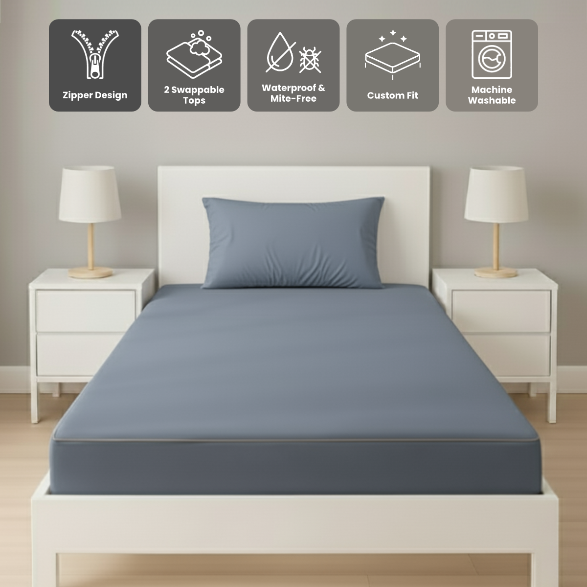 單人深藍色 Zipbedz 床套正面照 Zipbedz double zipper bedding in dark blue, front view