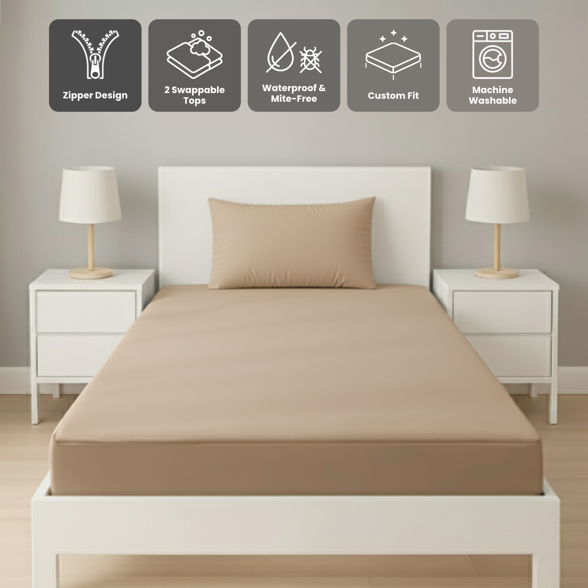 單人卡其色 Zipbedz 床套正面照 Zipbedz double zipper bedding in khaki, front view