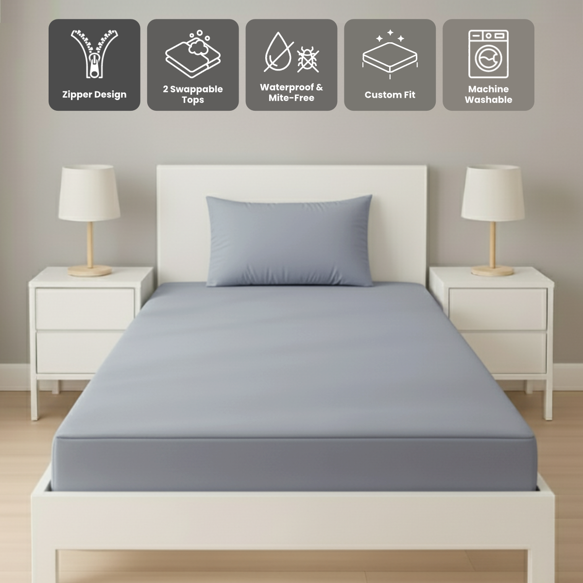 單人粉藍色 Zipbedz 床套正面照 Zipbedz double zipper bedding in light blue, front view