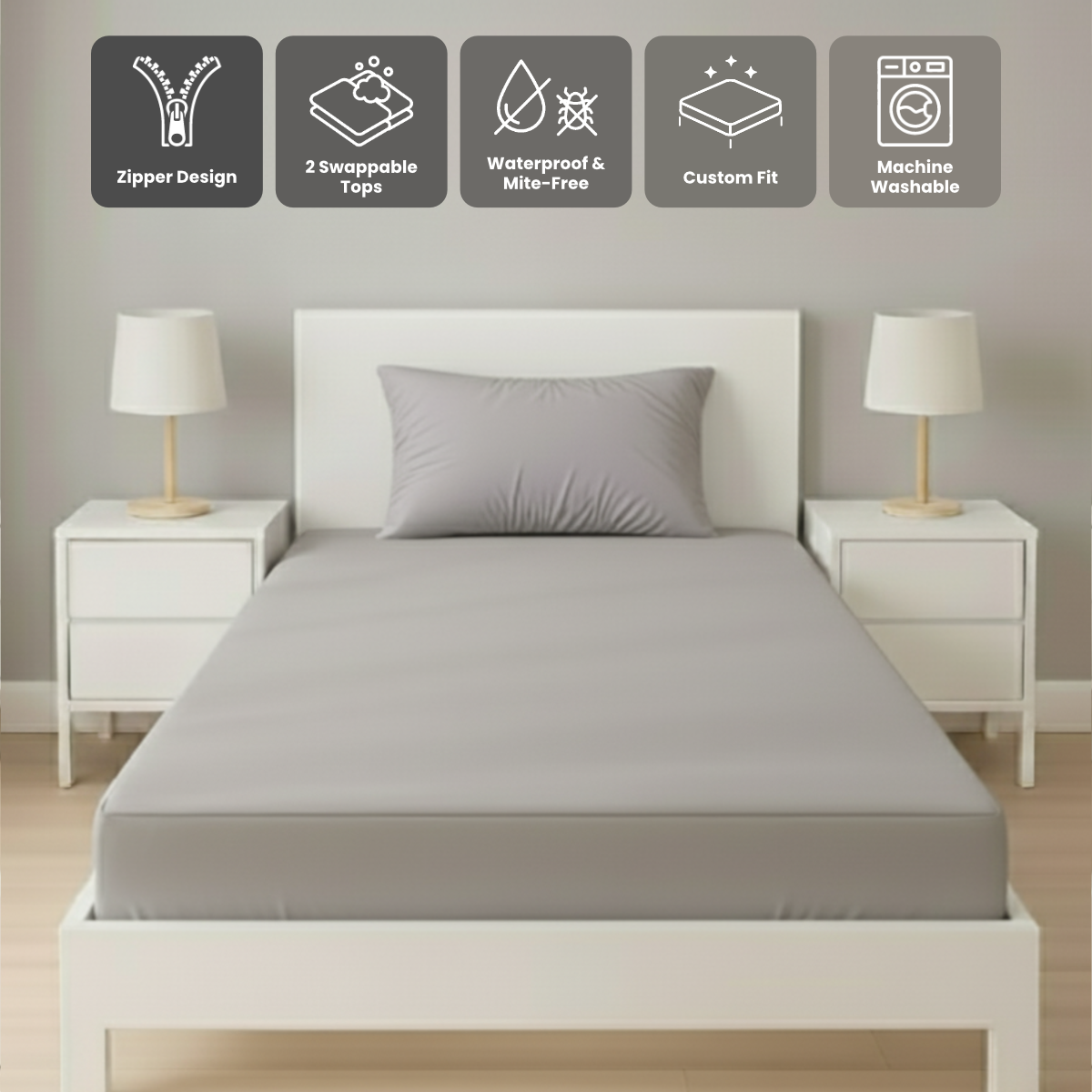 單人淺灰色 Zipbedz 床套正面照 Zipbedz double zipper bedding in light gray, front view