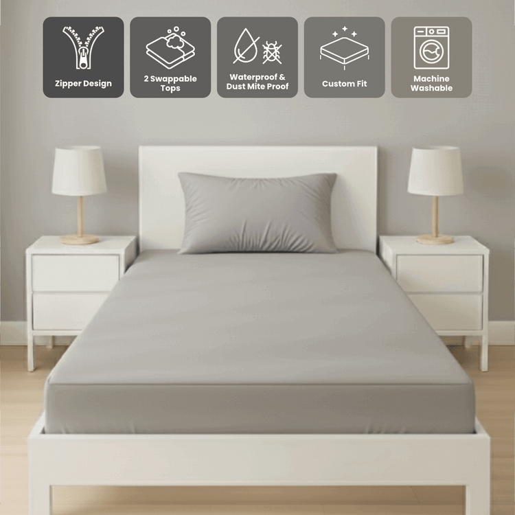 單人淺灰色 Zipbedz 拉鍊床笠正面照 Zipbedz double swappable zipper fitted sheet in light gray, front view