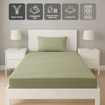 單人橄欖綠色 Zipbedz 床套正面照 Zipbedz double zipper bedding in olive green, front view