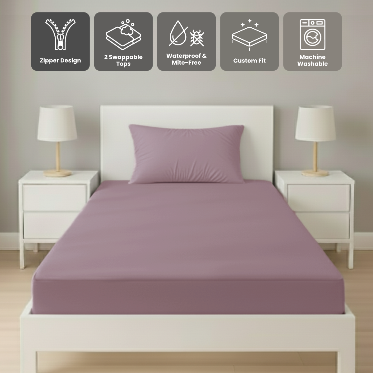 單人粉紫色 Zipbedz 床套正面照 Zipbedz double zipper bedding in purple, front view